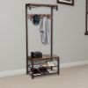 Wood and Metal Frame Hall Tree with 5 Dual Hooks, Rustic Brown and Black