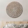 30 Inch Round Wooden Carved Wall Art with Intricate Cutouts, Distressed White