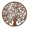 Circular Mango Wood Wall Panel with Cutout Tree and Bird Carvings, Antique Brown