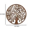 Circular Mango Wood Wall Panel with Cutout Tree and Bird Carvings, Antique Brown