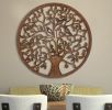 Circular Mango Wood Wall Panel with Cutout Tree and Bird Carvings, Antique Brown