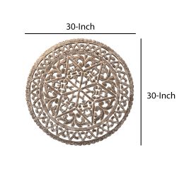30 Inch Round Wooden Carved Wall Art with Intricate Cutouts, Distressed White