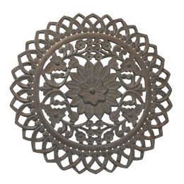 36 Inch Handcarved Wooden Round Wall Art with Floral Carving, Distressed Brown