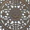 36 Inch Handcarved Wooden Round Wall Art with Floral Carving, Distressed Brown