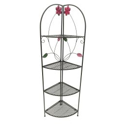 Four Shelf Black Metal Foldable Corner Rack with Flower Accents