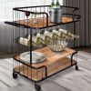 Metal Frame Bar Cart with Wooden Top and 2 Shelves, Black and Brown