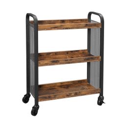 DunaWest 3 Tier Wood and Metal Kitchen Cart with Mesh Side Panel, Brown and Black
