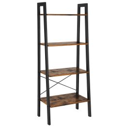 DunaWest Four Tiered Rustic Wooden Ladder Shelf with Iron Framework, Brown and Black