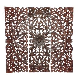 Three Piece Wooden Wall Panel Set with Traditional Scrollwork and Floral Details, Brown