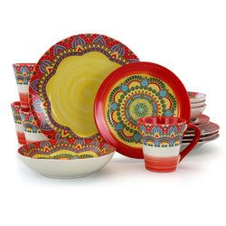 Elama Zen Red Mozaik 16 Piece Luxurious Stoneware Dinnerware with Complete Setting for 4, 16pc